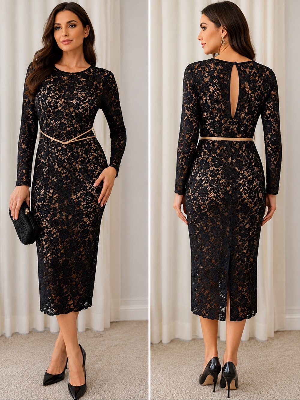 Maggy London Black Lace Midi Dress with Nude Lining and Long Sleeves